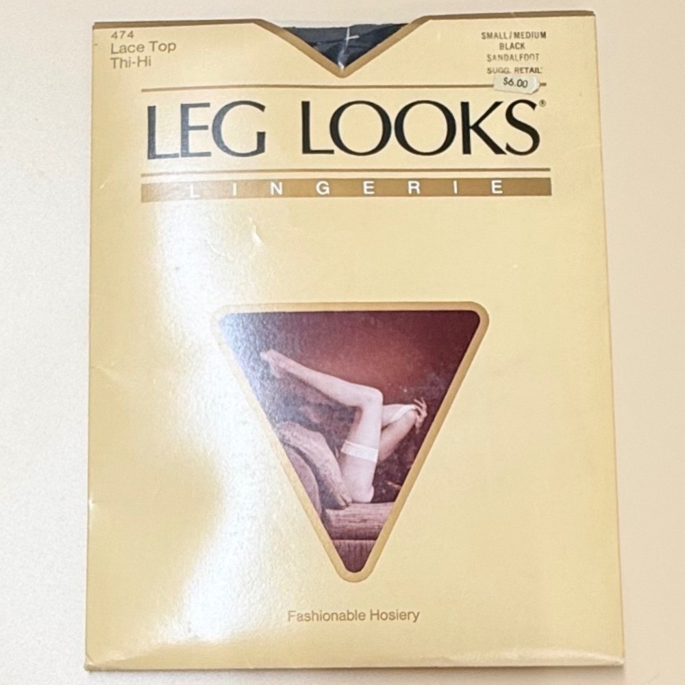 Vintage 1987 Leg Looks Lingerie Lace Top Thigh High Stockings Black 474 S/M NEW